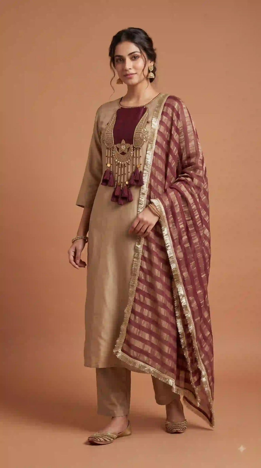 Beige glass malai kurti pant set with maroon Kanjivaram dupatta – front view