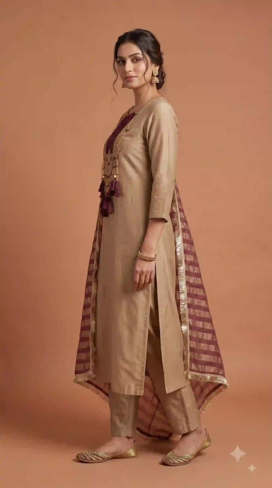 Beige glass malai kurti pant set – side view
