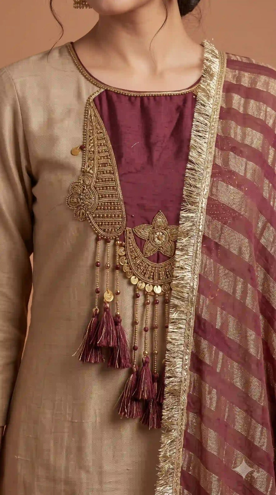 Maroon yoke, tassels and Kanjivaram dupatta – detail