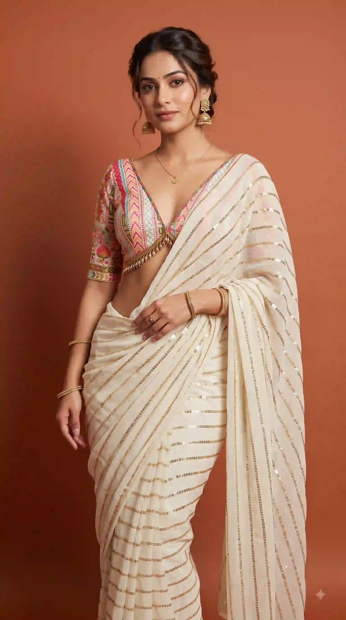 Cream georgette sequin saree with embroidered blouse – front view