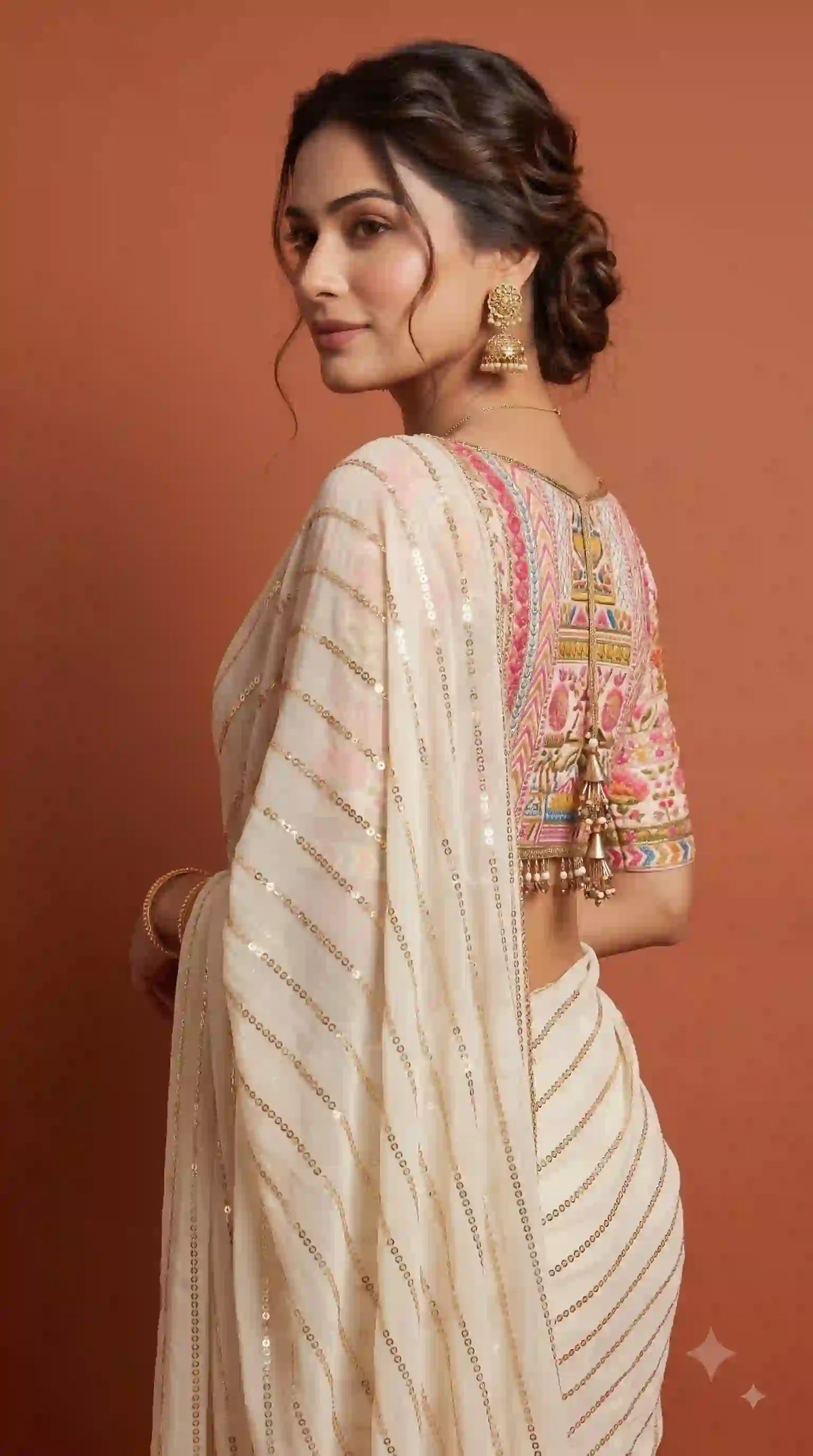 Cream sequin saree – back view with embroidered blouse