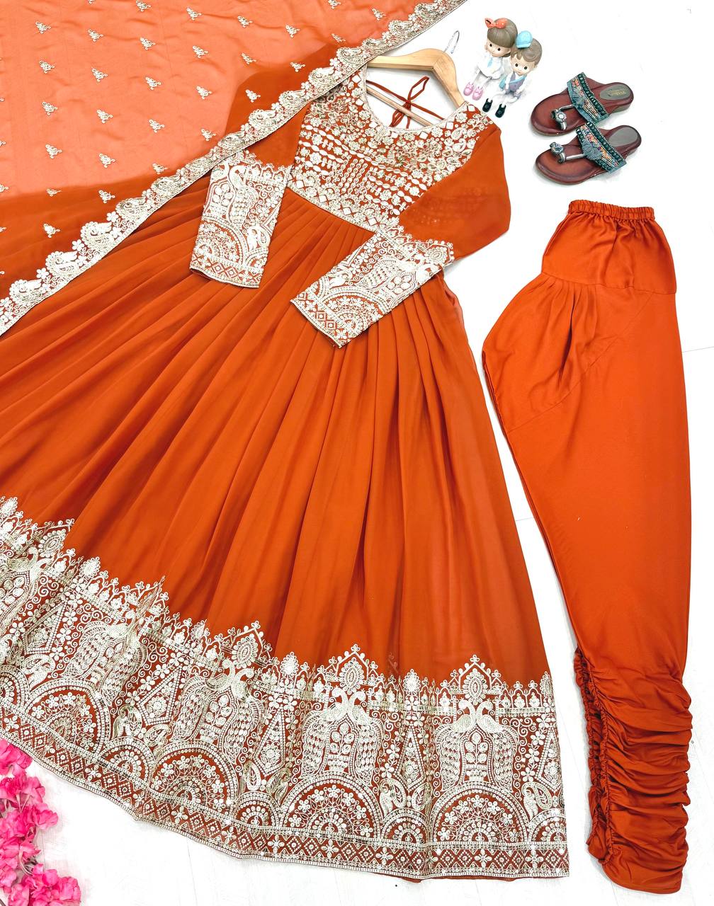 Elegant Party Wear Embroidered Georgette Anarkali Gown Set (Gown, Dupatta & Bottom)