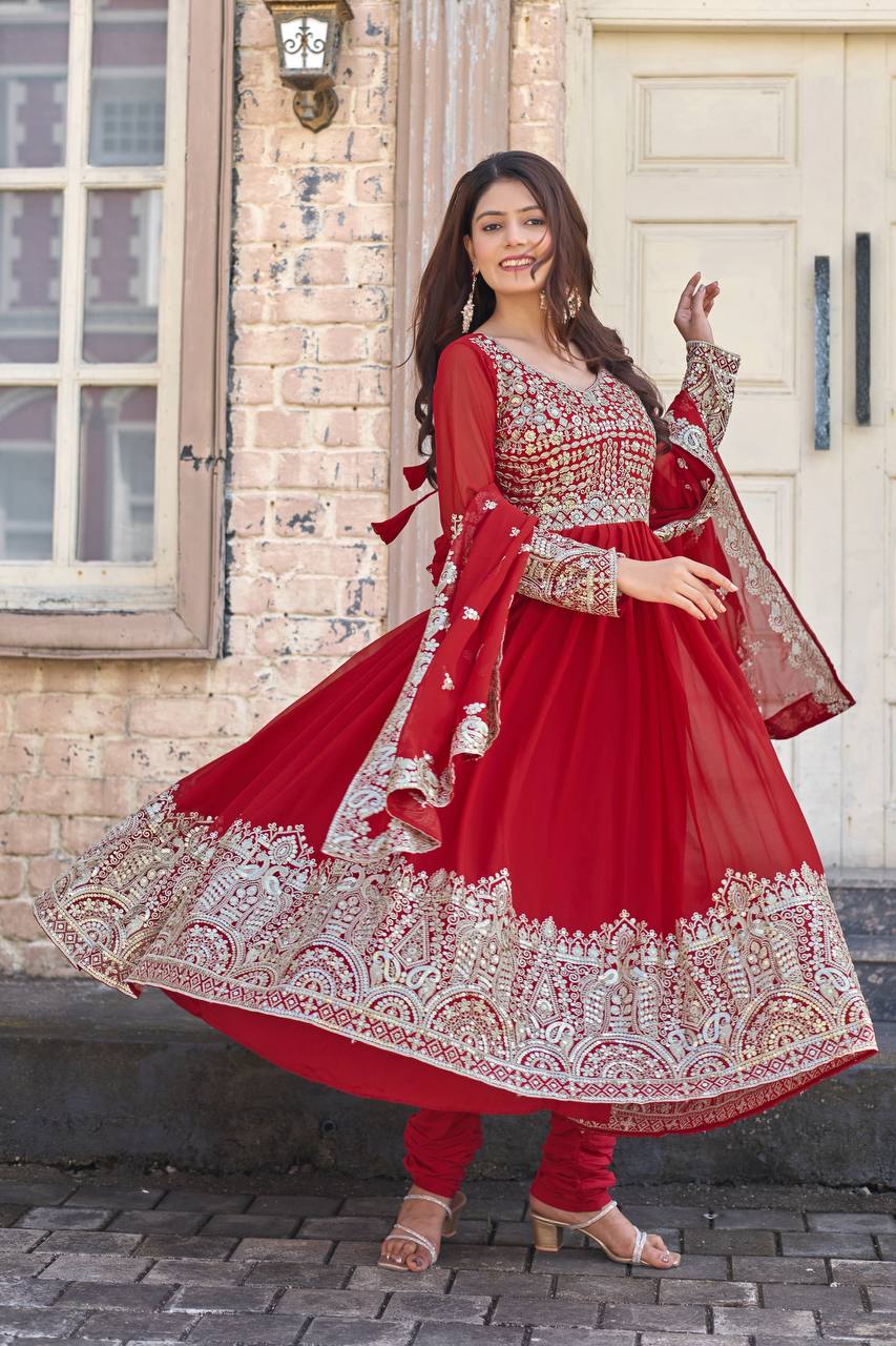 Elegant Party Wear Embroidered Georgette Anarkali Gown Set (Gown, Dupatta & Bottom)