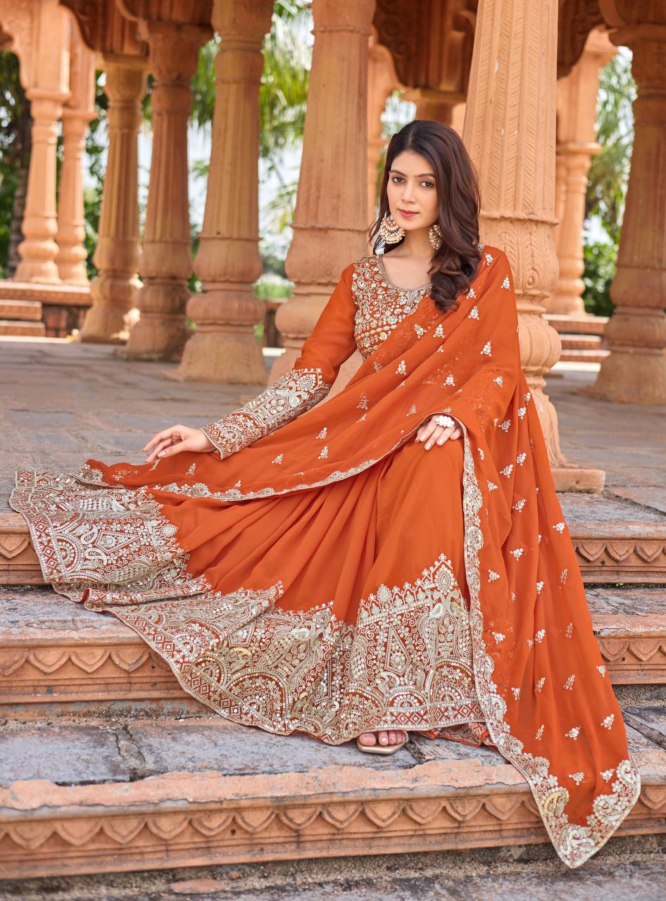 Elegant Party Wear Embroidered Georgette Anarkali Gown Set (Gown, Dupatta & Bottom)
