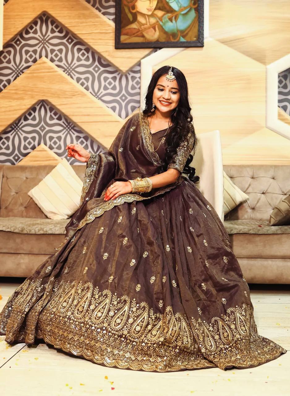 Heavy Embroidered Chinon Lehenga Set with Dupatta