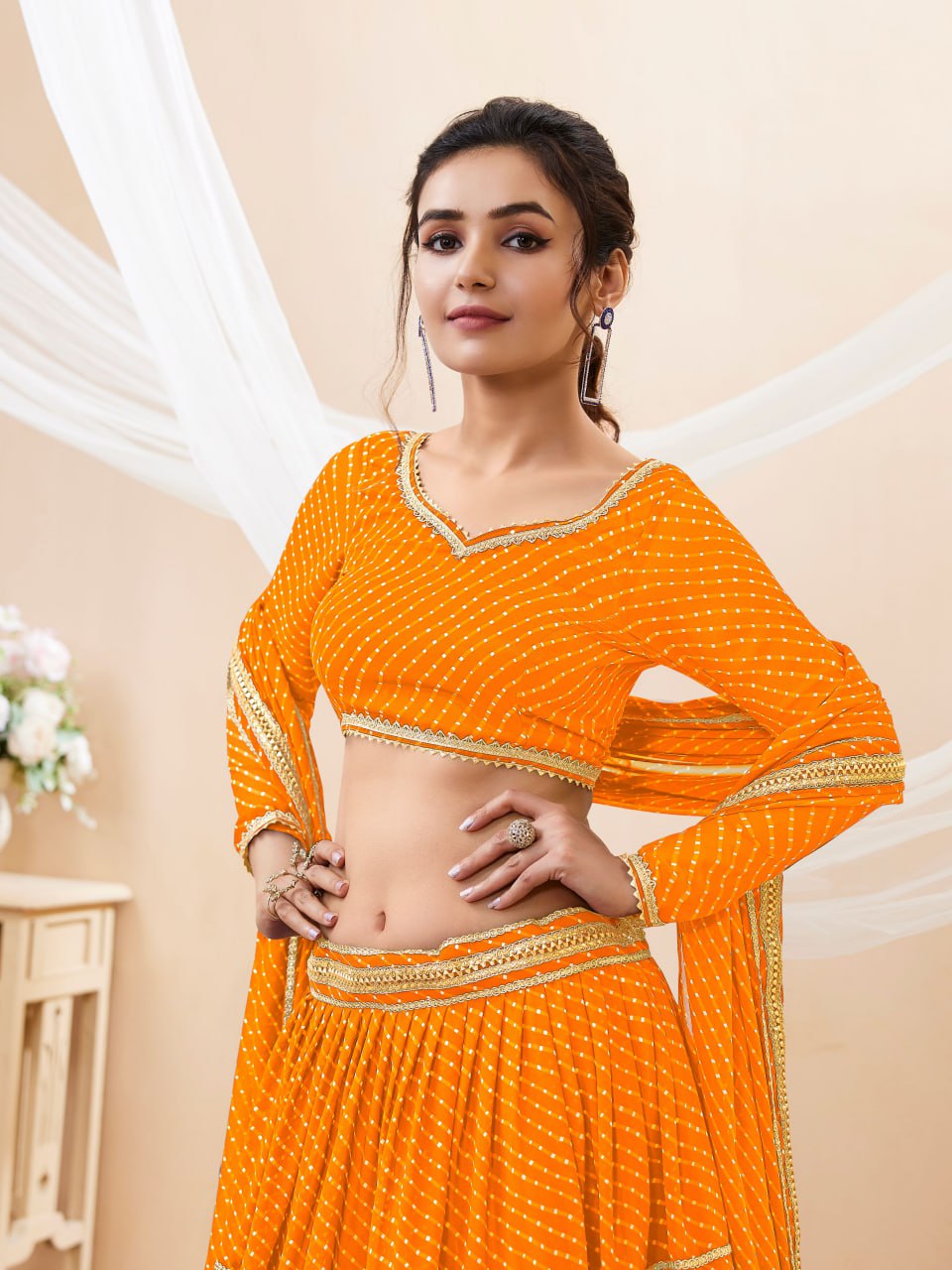 Semi-Stitched Georgette Lehenga Set with Blooming Leheriya Print