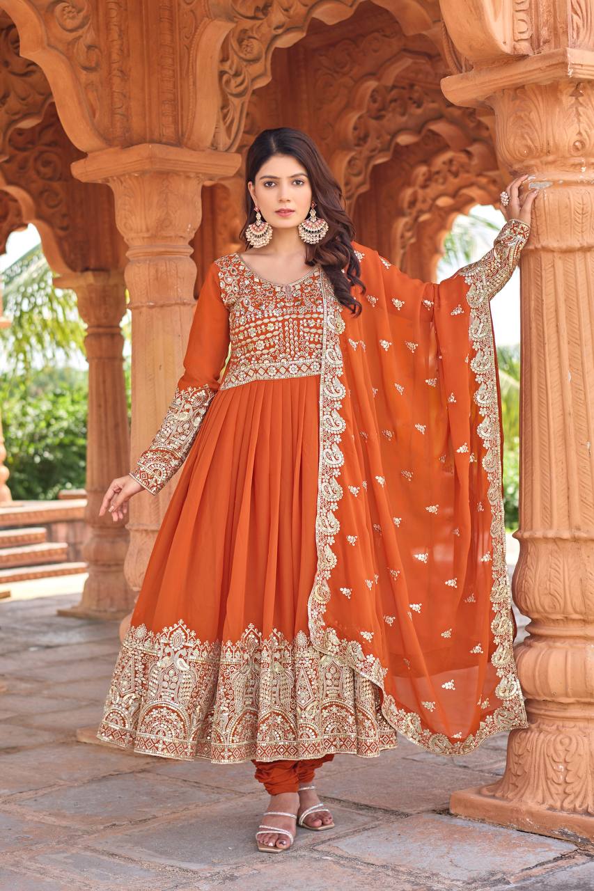 Elegant Party Wear Embroidered Georgette Anarkali Gown Set (Gown, Dupatta & Bottom)