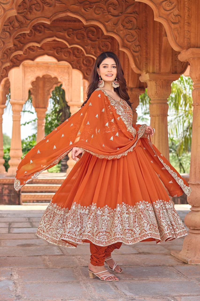 Elegant Party Wear Embroidered Georgette Anarkali Gown Set (Gown, Dupatta & Bottom)