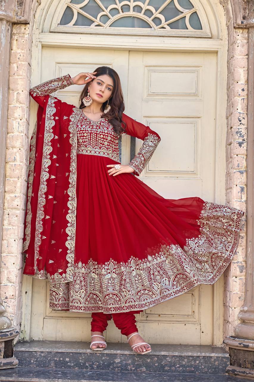 Elegant Party Wear Embroidered Georgette Anarkali Gown Set (Gown, Dupatta & Bottom)