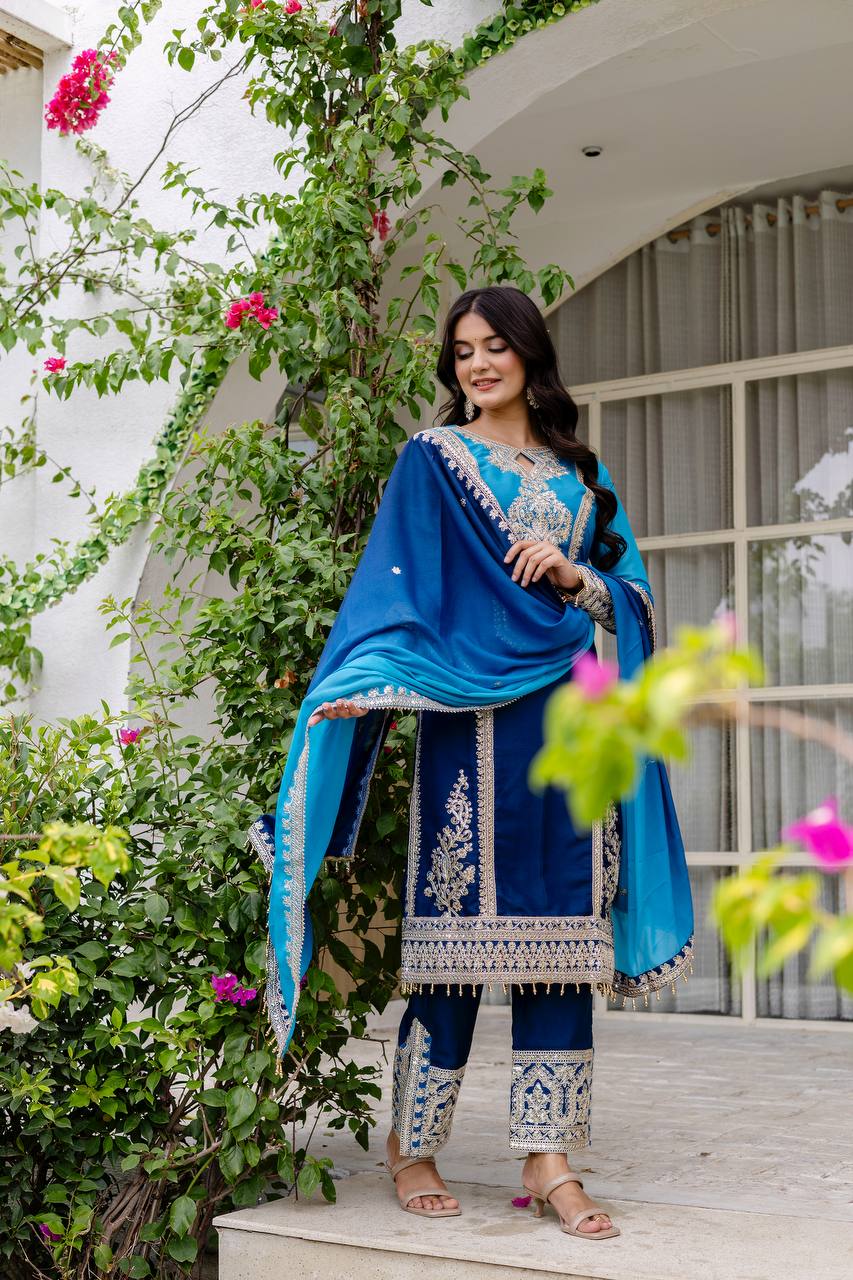 Star Georgette Embroidered Top with Crêpe Bottom & Dupatta Set