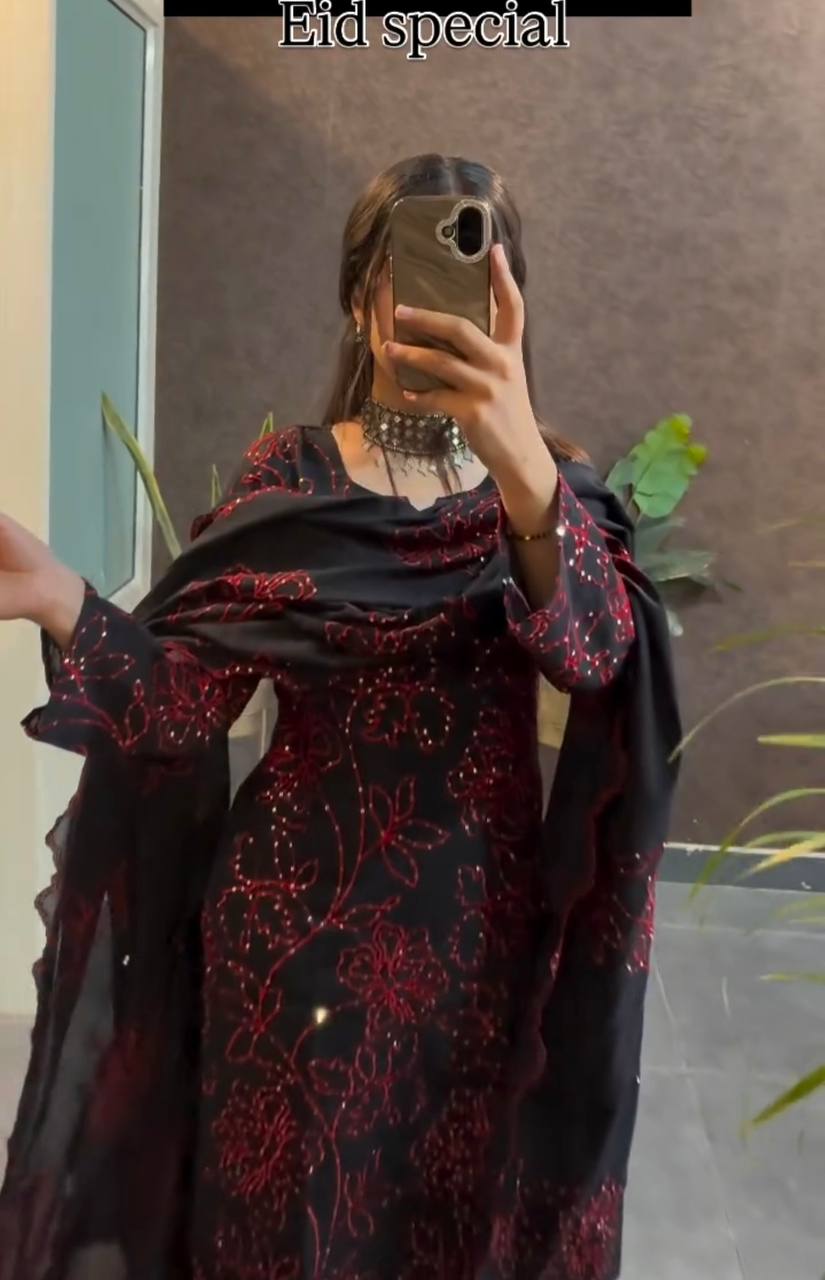 Roman Silk Embroidered Suit with Cutwork Dupatta