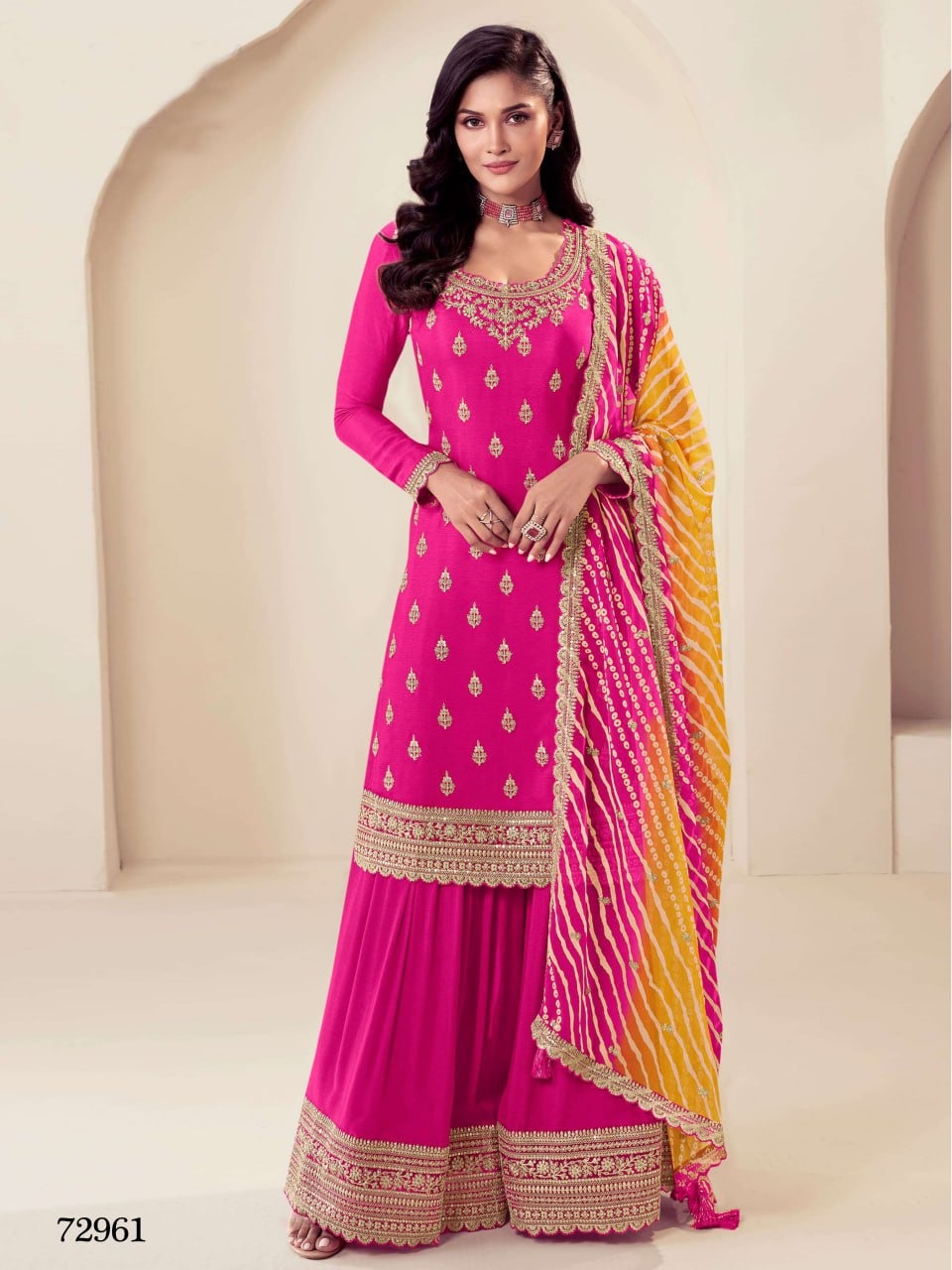 Heavy Chinon Semi-Stitched Embroidered Top &amp; Plazo Set with Dupatta