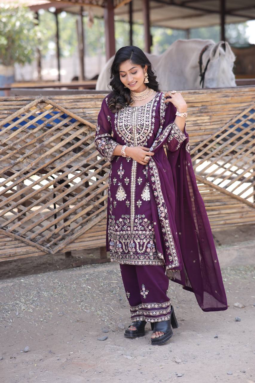 Exclusive Faux Georgette Silk Embroidered Kurti Set with Dupatta | Premium Party & Festive Wear (3 Pc Set)