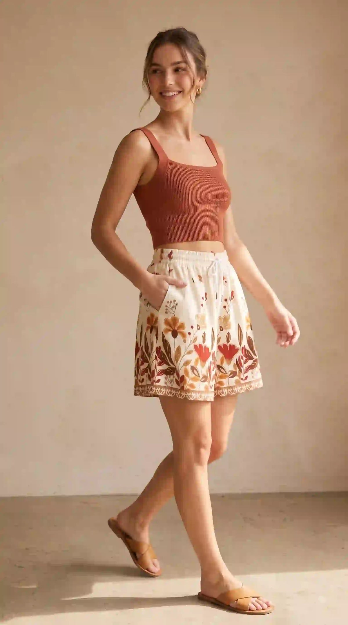 Cream shorts with red floral print – styled with rust crop top | TIGIQ