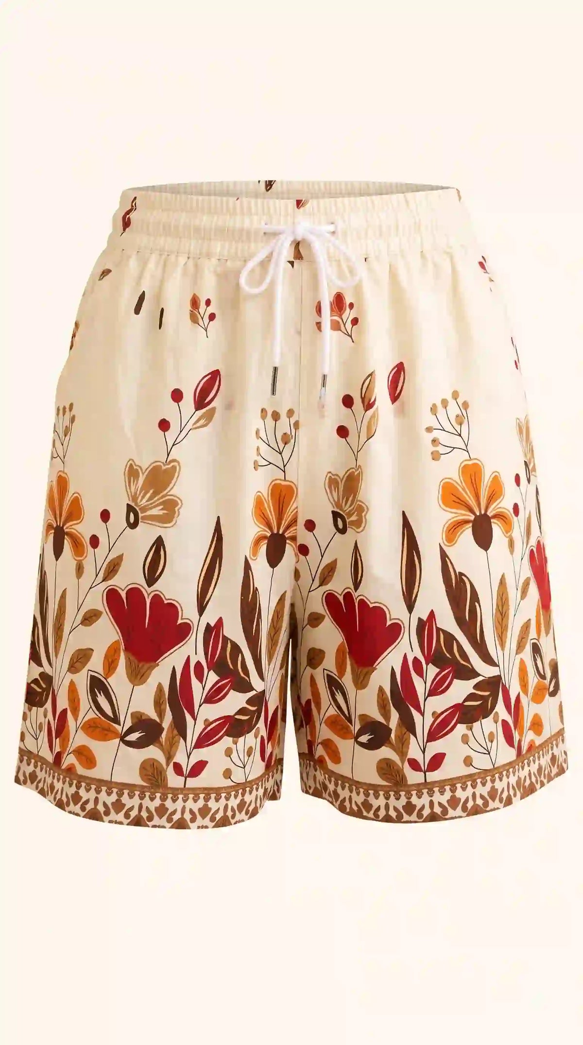 Cream shorts with red floral print – front view | TIGIQ