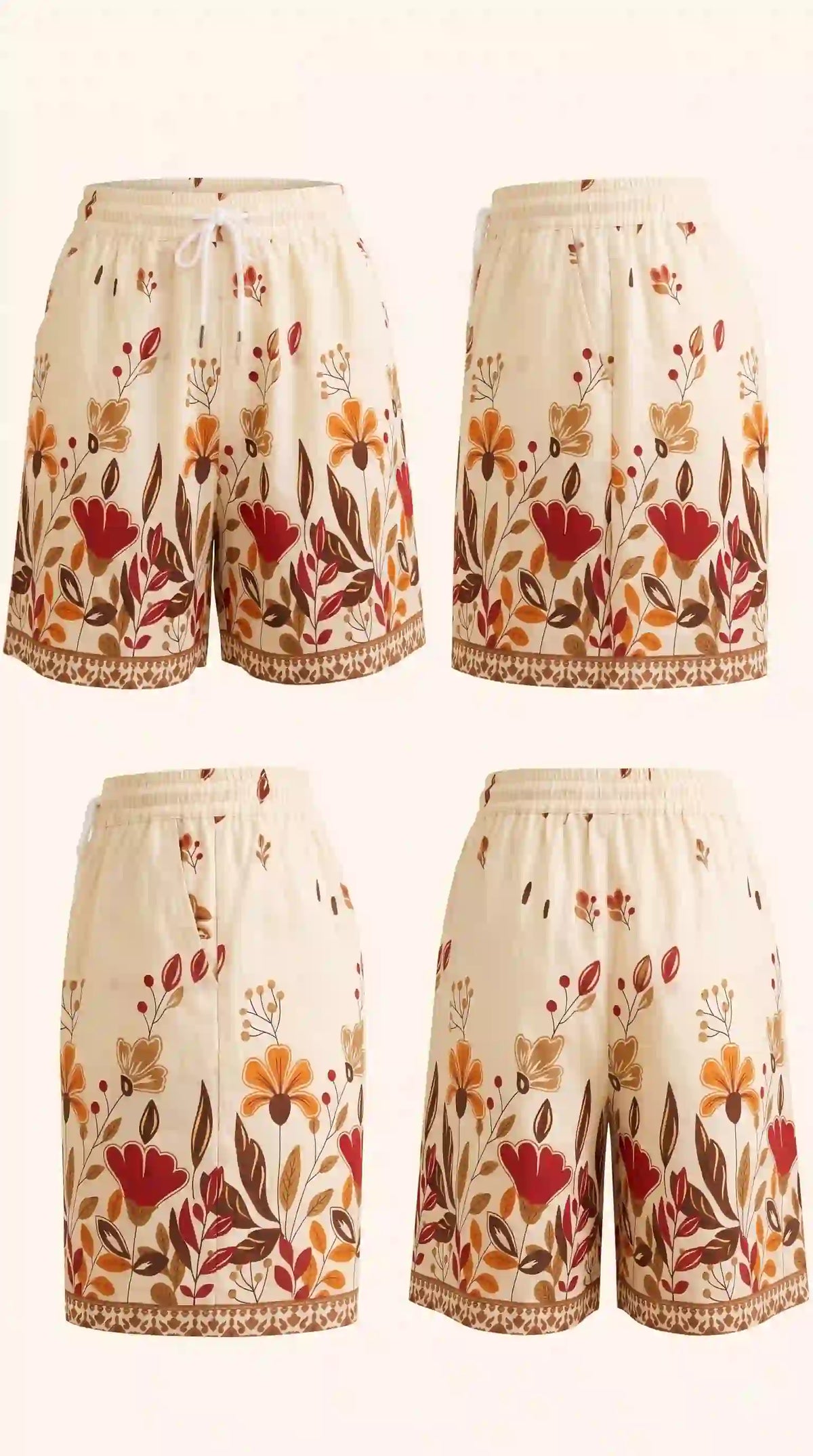 Cream shorts with red floral print – front, back and side views | TIGIQ