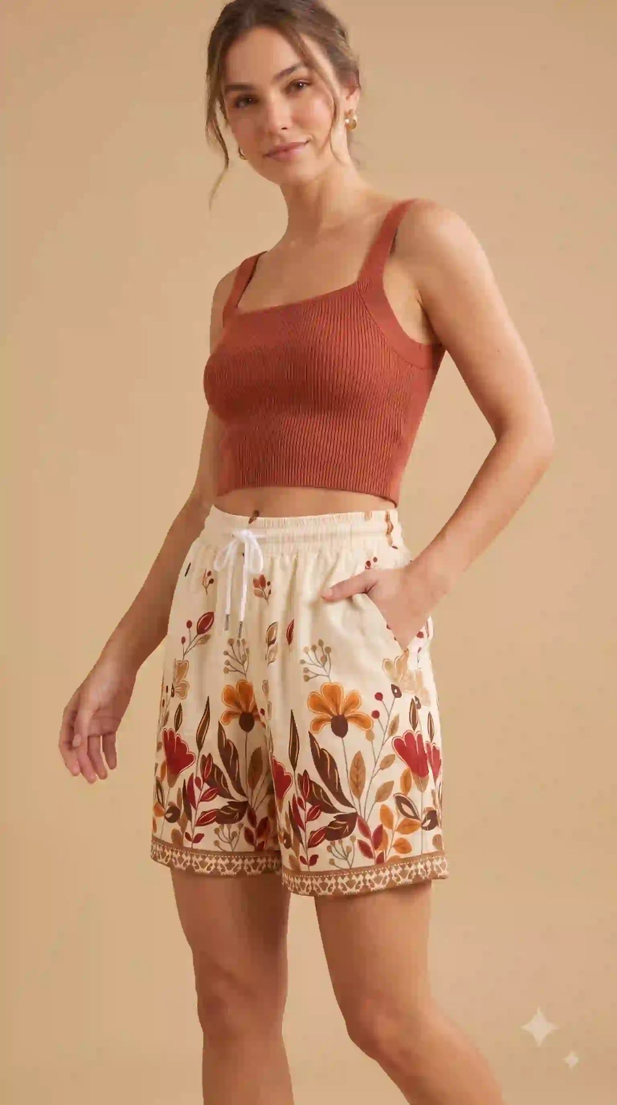 Cream shorts with red floral print – pose with hand in pocket | TIGIQ