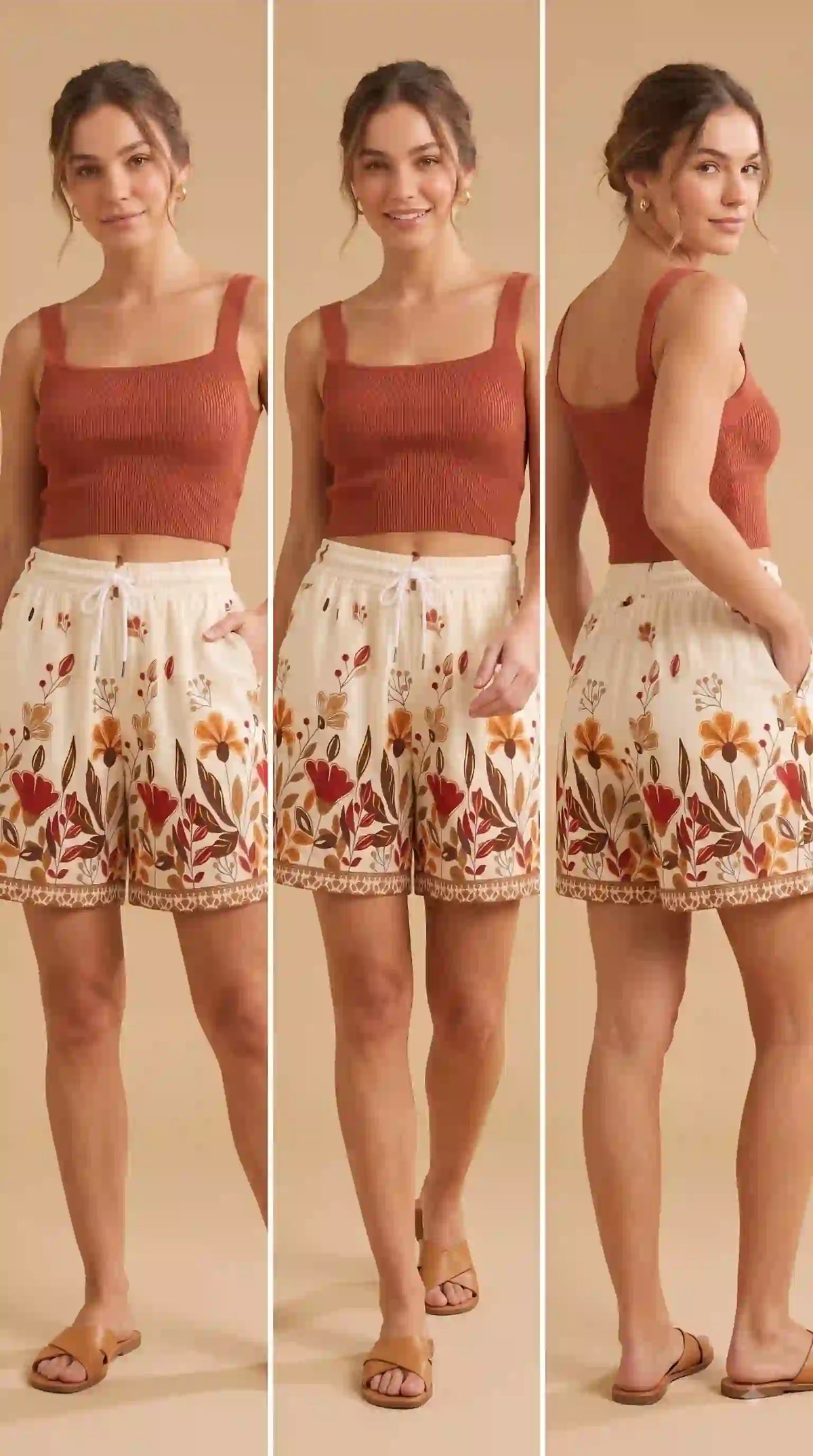 Cream shorts with red floral print – front, side and back on model | TIGIQ