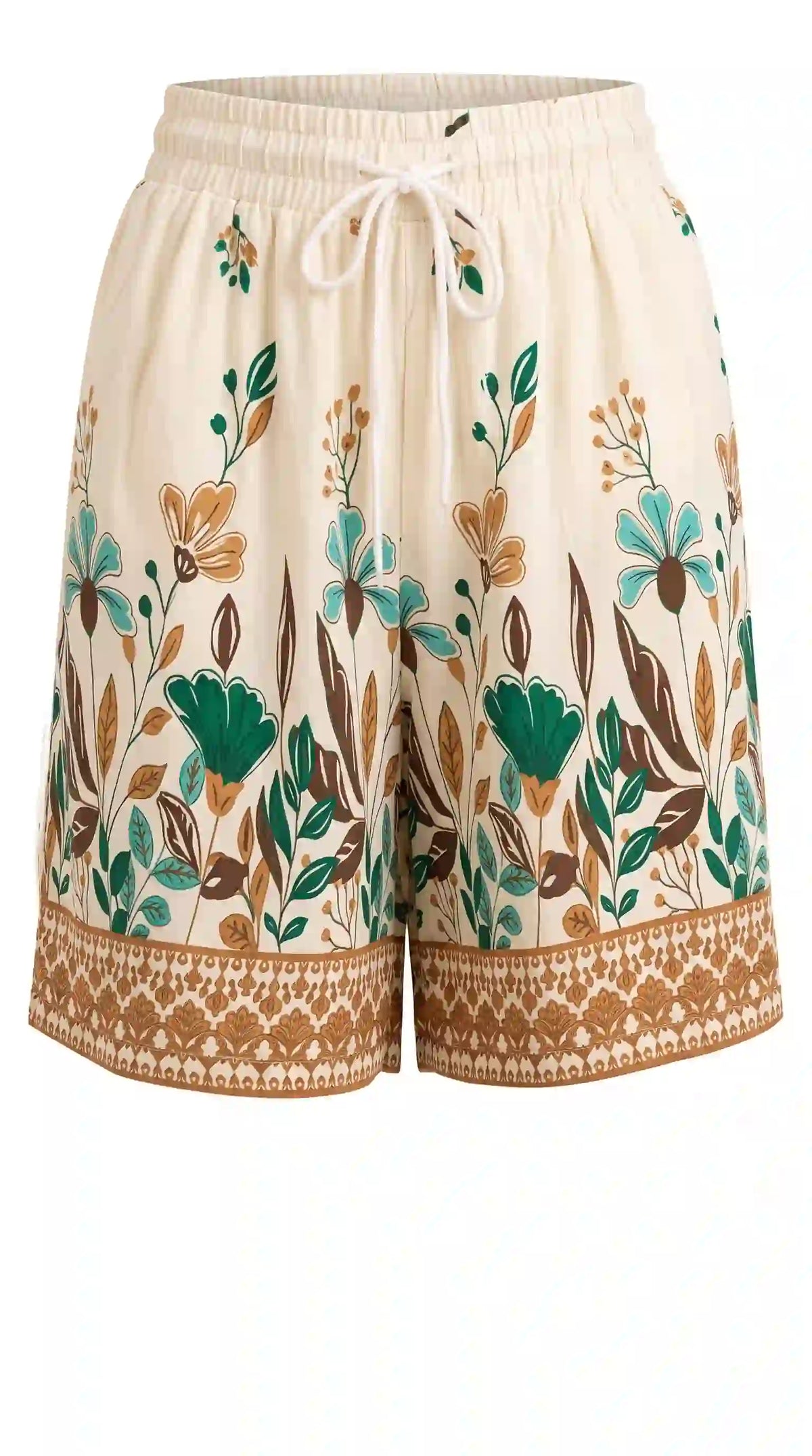 Cream shorts with teal floral print – front view | TIGIQ