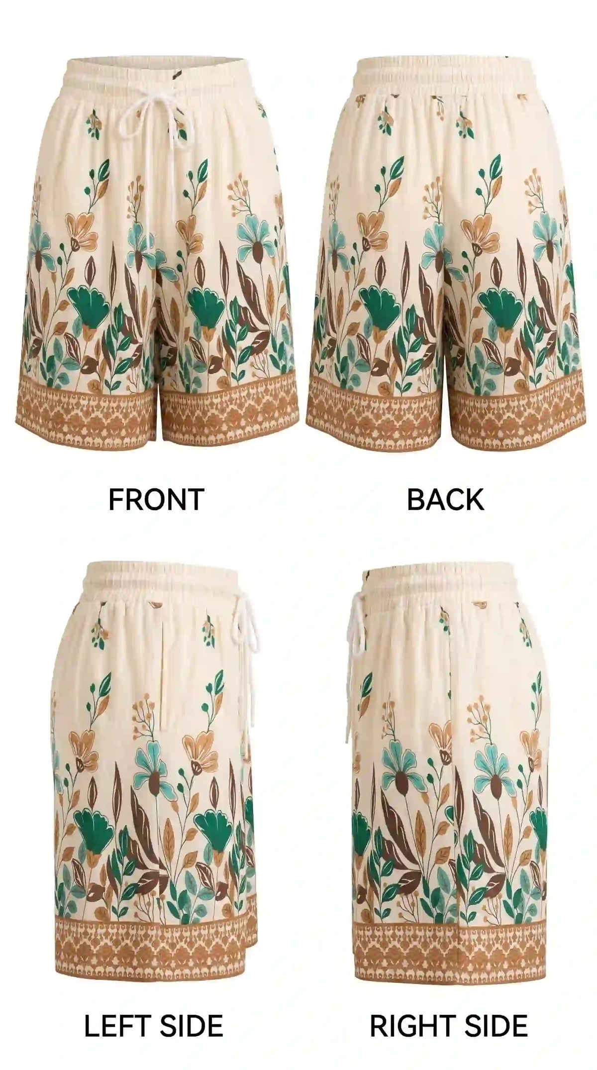 Cream shorts with teal floral print – front, back and side views | TIGIQ