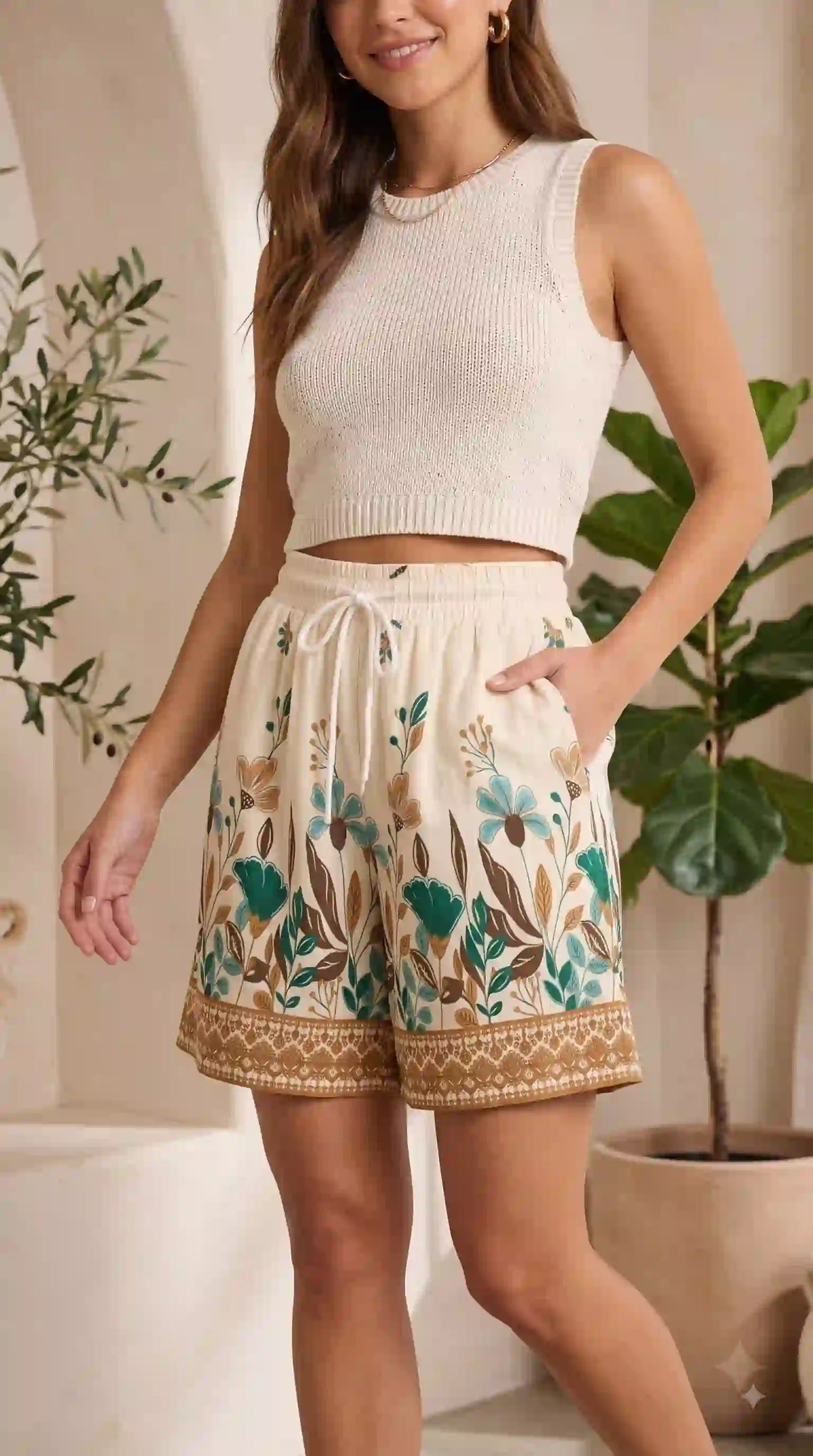 Cream shorts with teal floral print – front view on model | TIGIQ