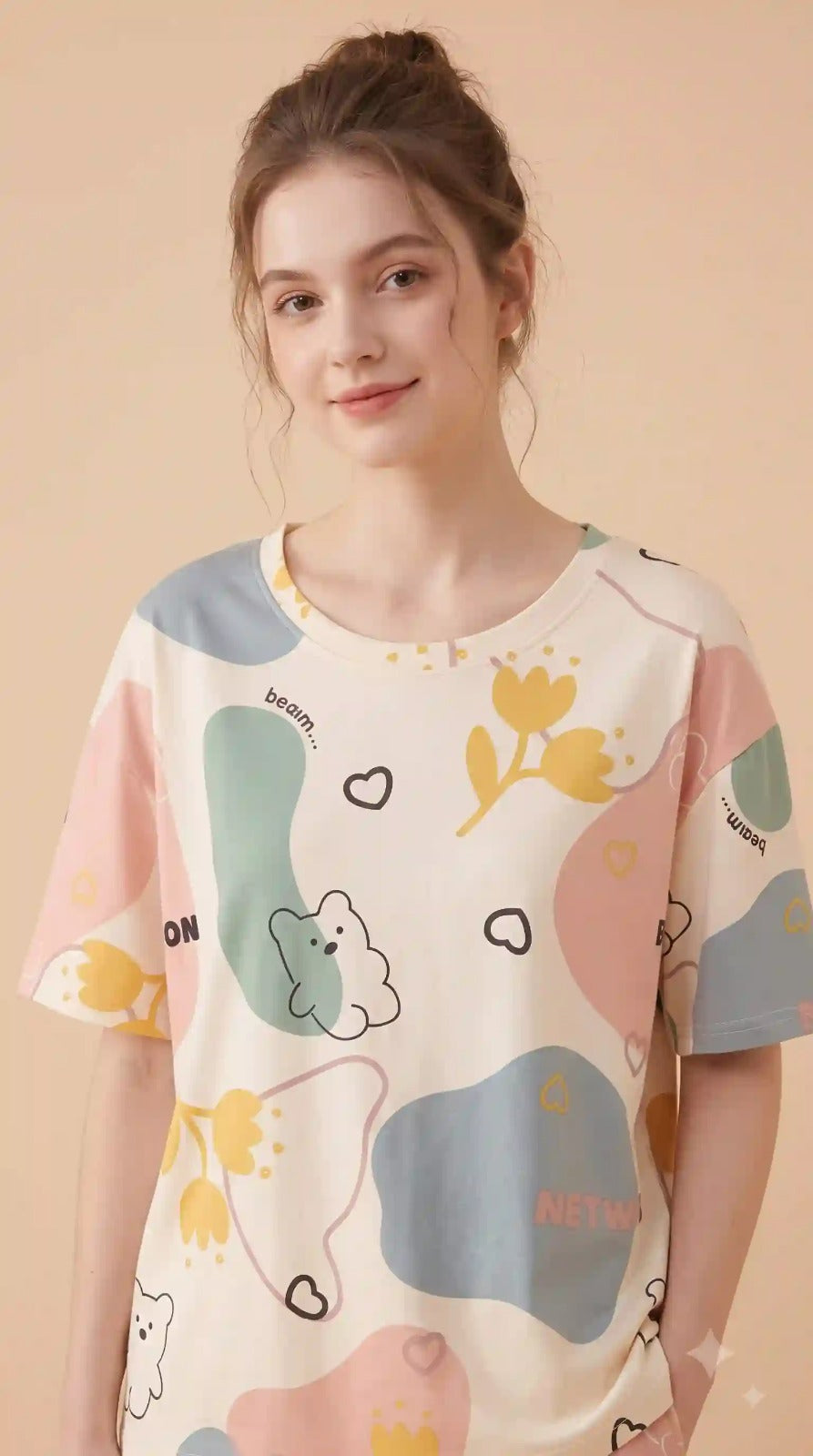 Cream teddy print night suit – front view