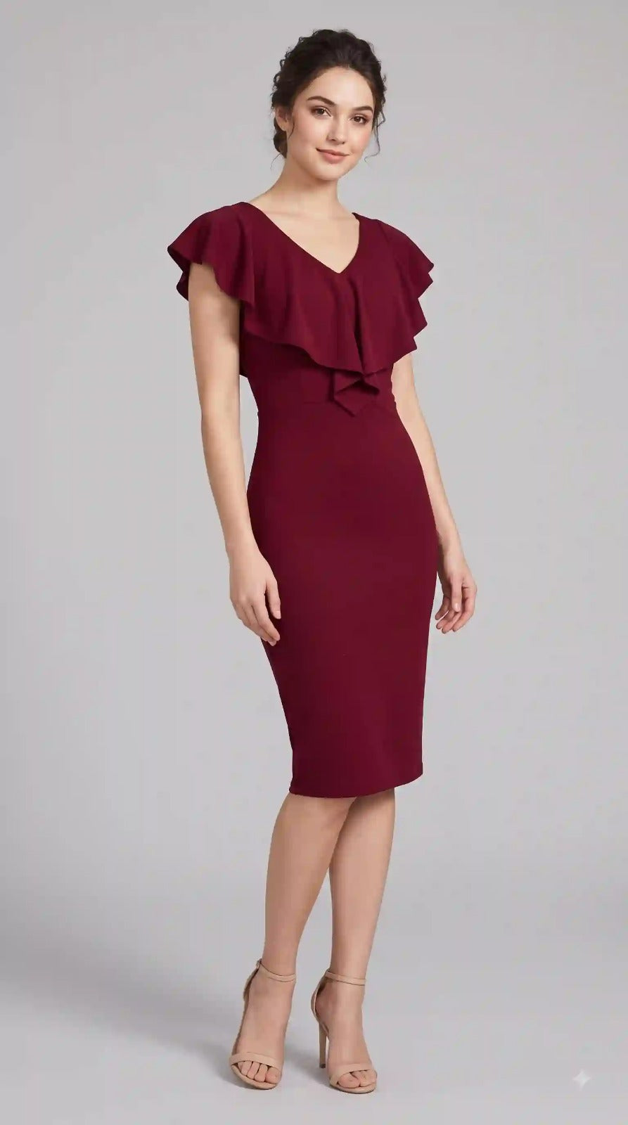 Wine Red Ruffle V-Neck Bodycon Dress – front view