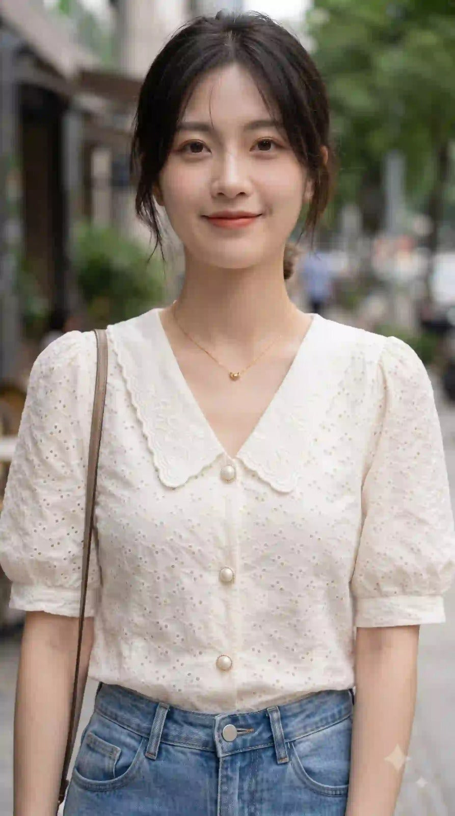Cream eyelet embroidered top with scalloped collar and pearl buttons – front view