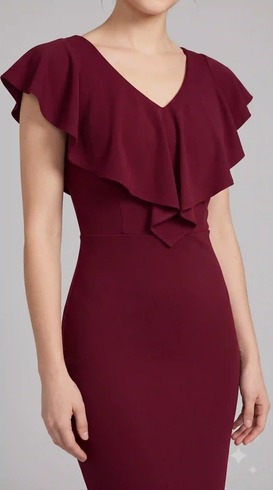 Wine Red Ruffle V-Neck Bodycon Dress – view 4