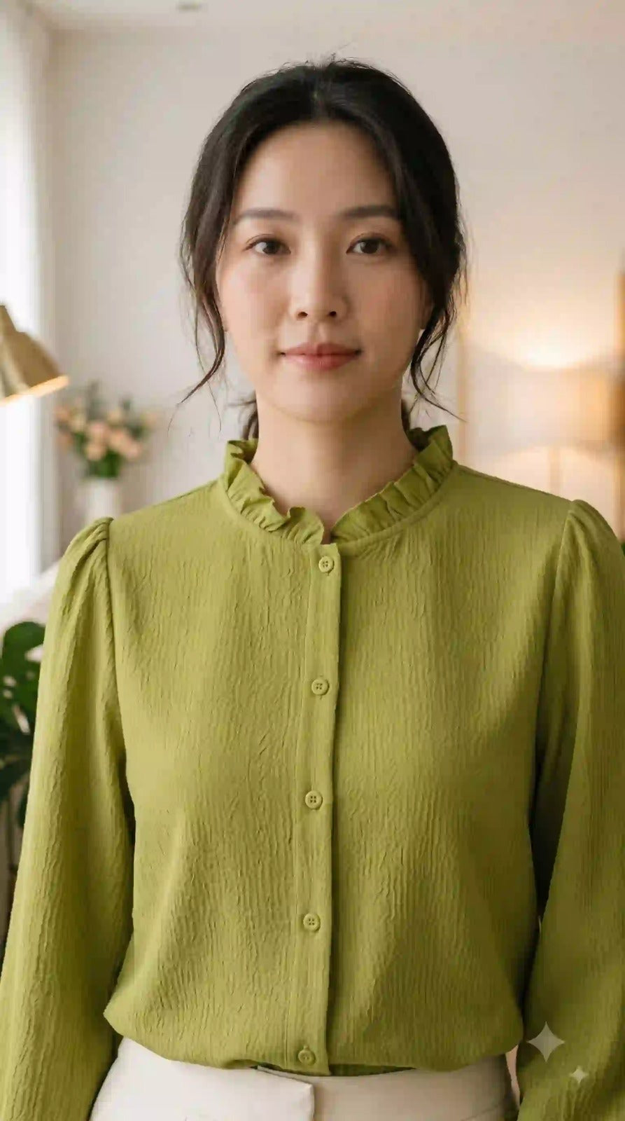 Olive green ruffle neck button-down shirt – upper body view