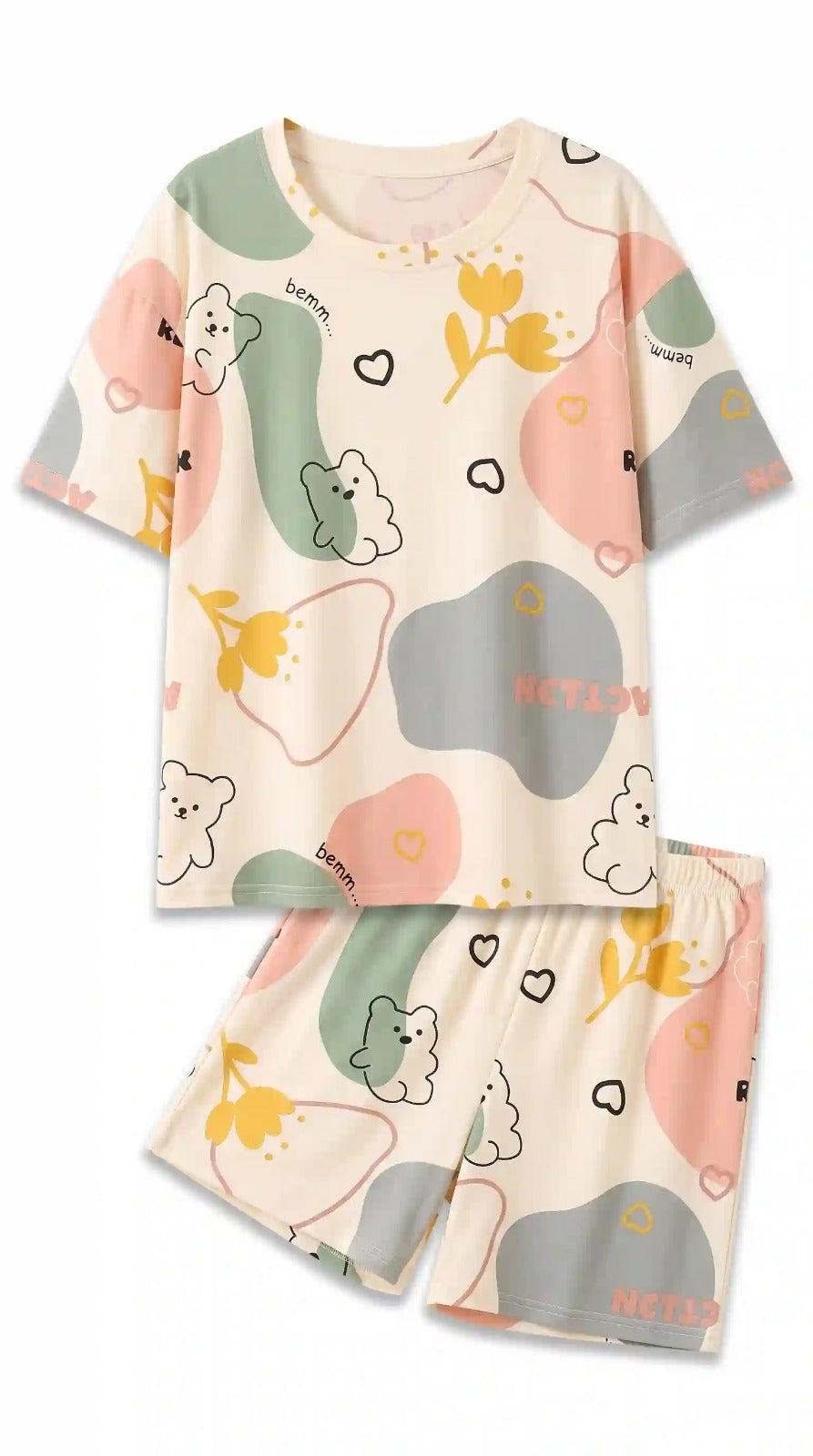 Cream teddy print night suit – flat lay