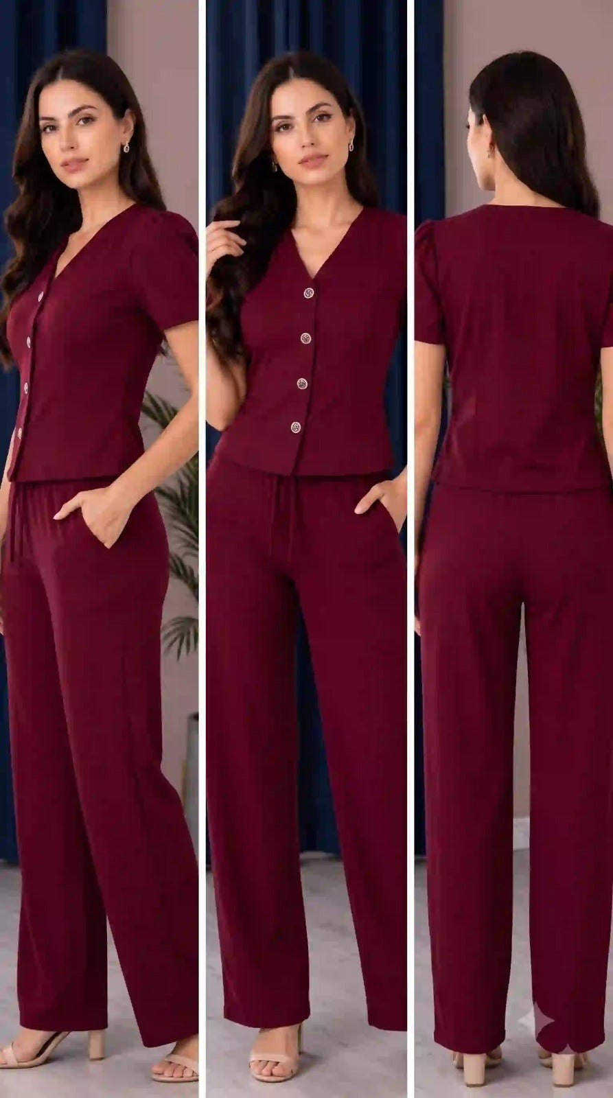 Maroon co-ord set – side, front and back views