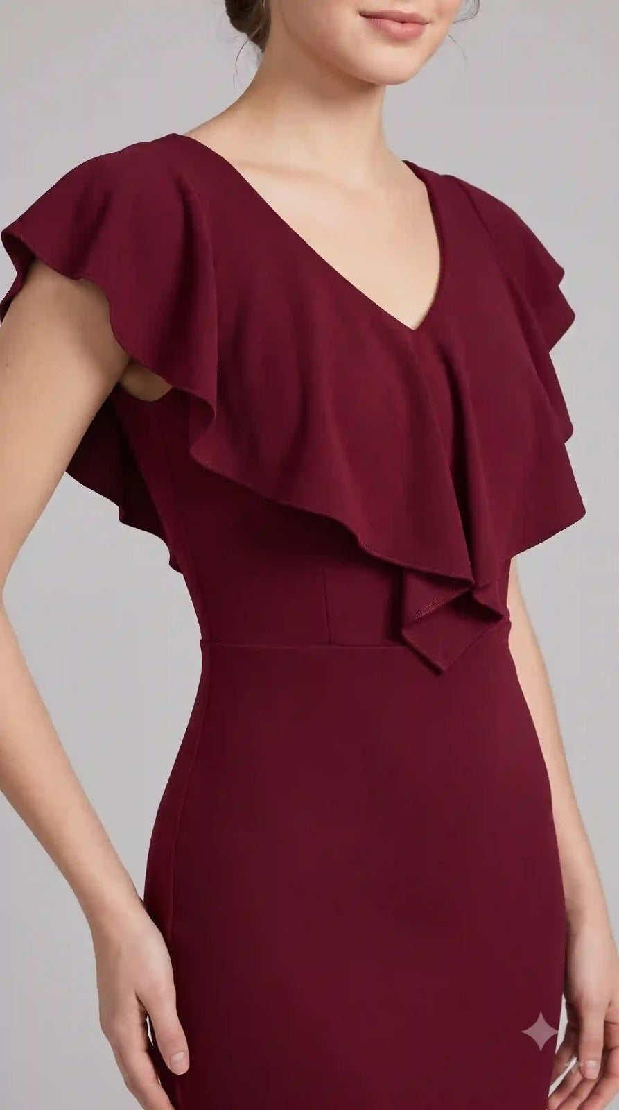 Wine Red Ruffle V-Neck Bodycon Dress – view 3