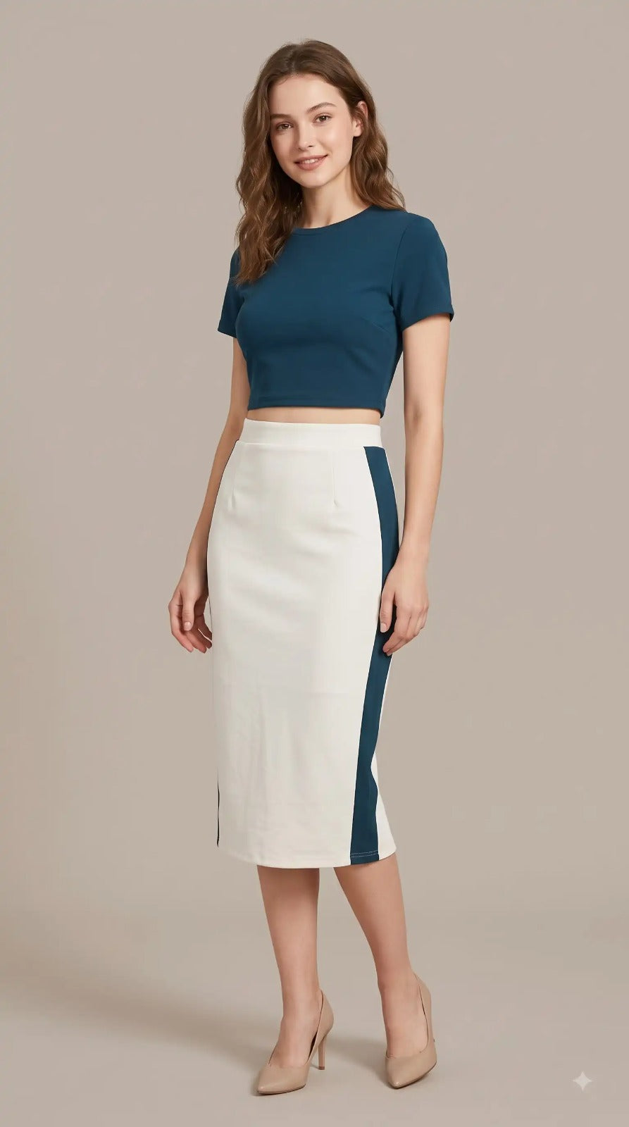 Teal Crop Top & White Pencil Skirt Co-ord Set – front view