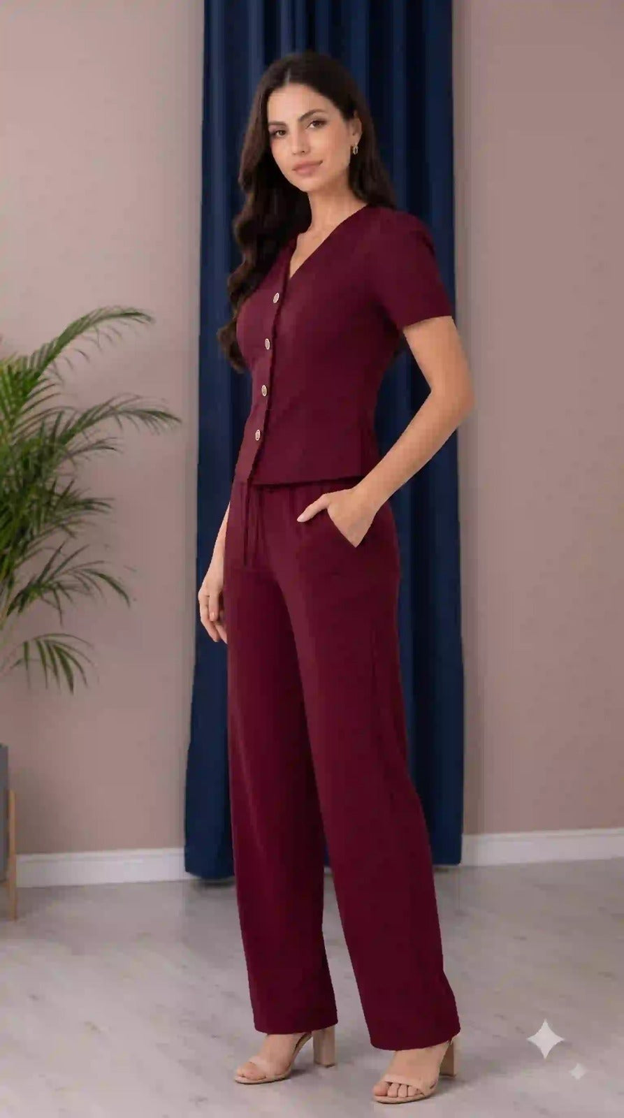 Maroon co-ord set – side view showing drawstring pants with pocket