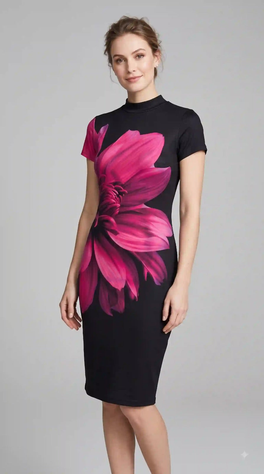 Black bodycon dress with pink floral print, mock neck and short sleeves – front view