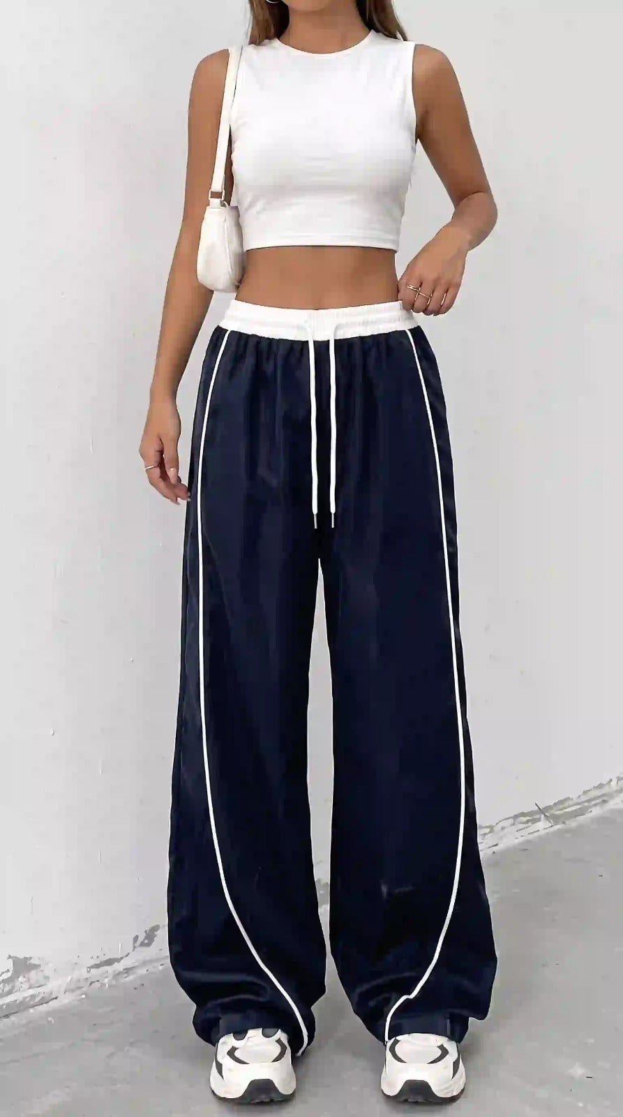 Navy Blue Wide-Leg Track Trousers – front view