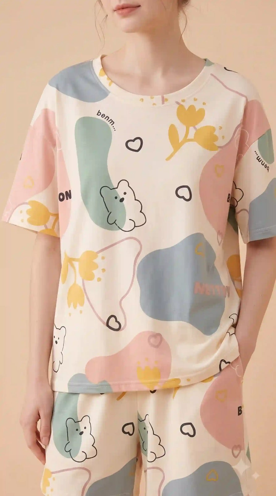 Cream teddy print night suit – T-shirt and shorts