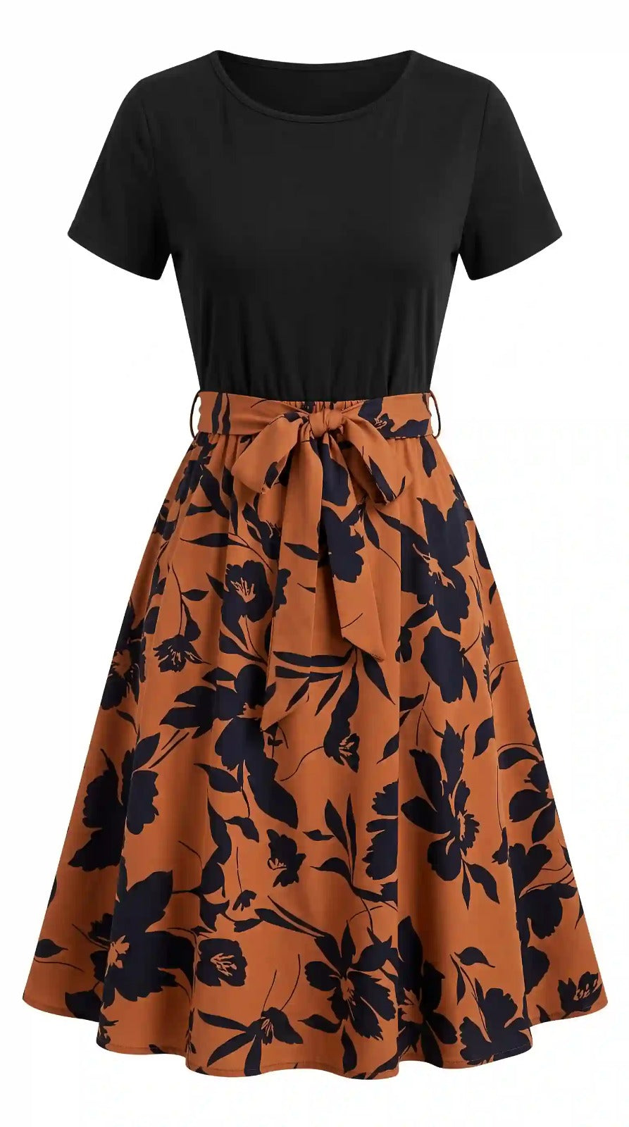 Black and rust floral midi dress with tie belt – flat lay
