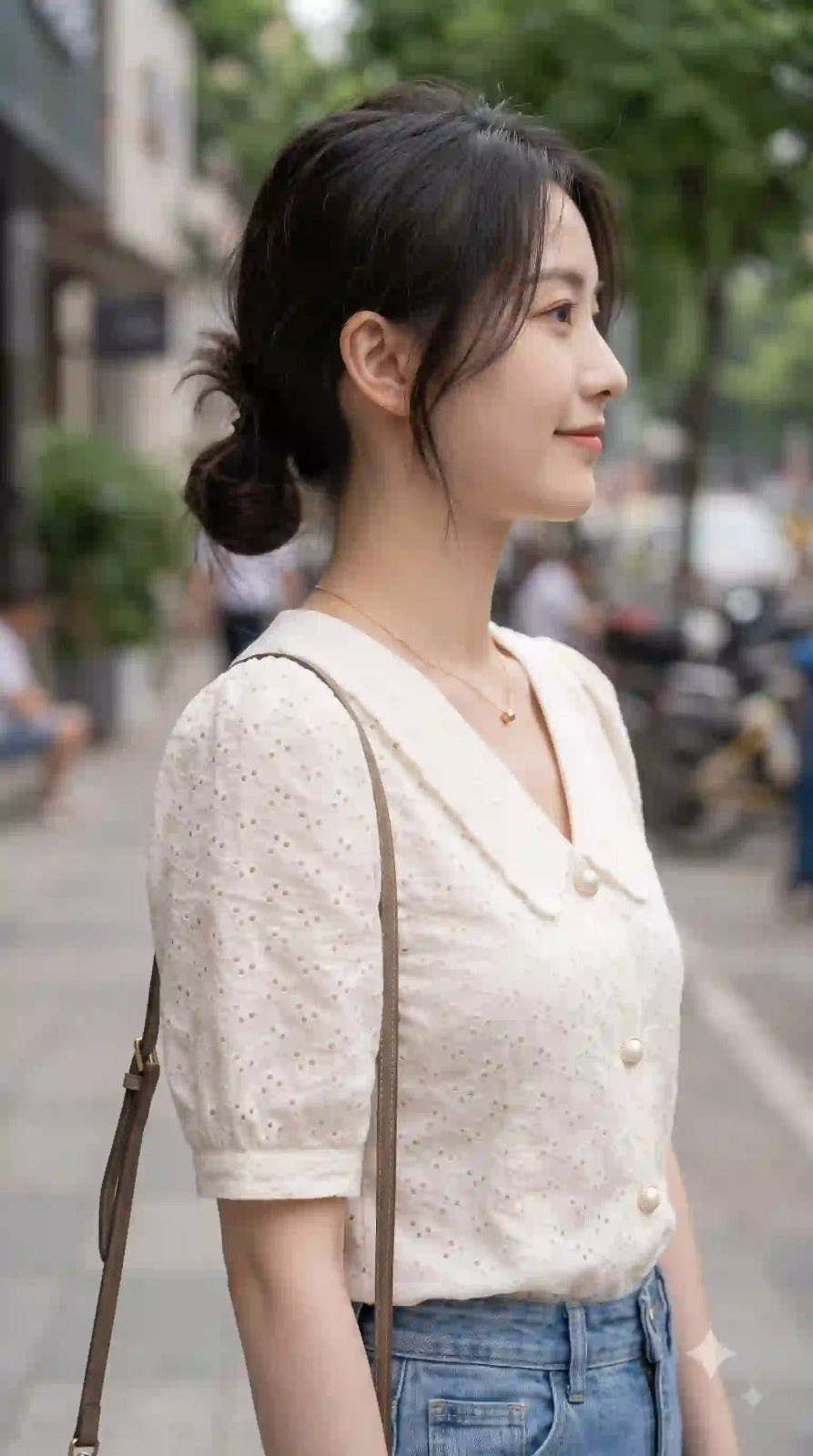 Cream eyelet top with puff short sleeves – side view