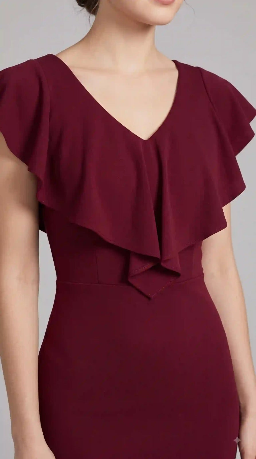 Wine Red Ruffle V-Neck Bodycon Dress – view 2