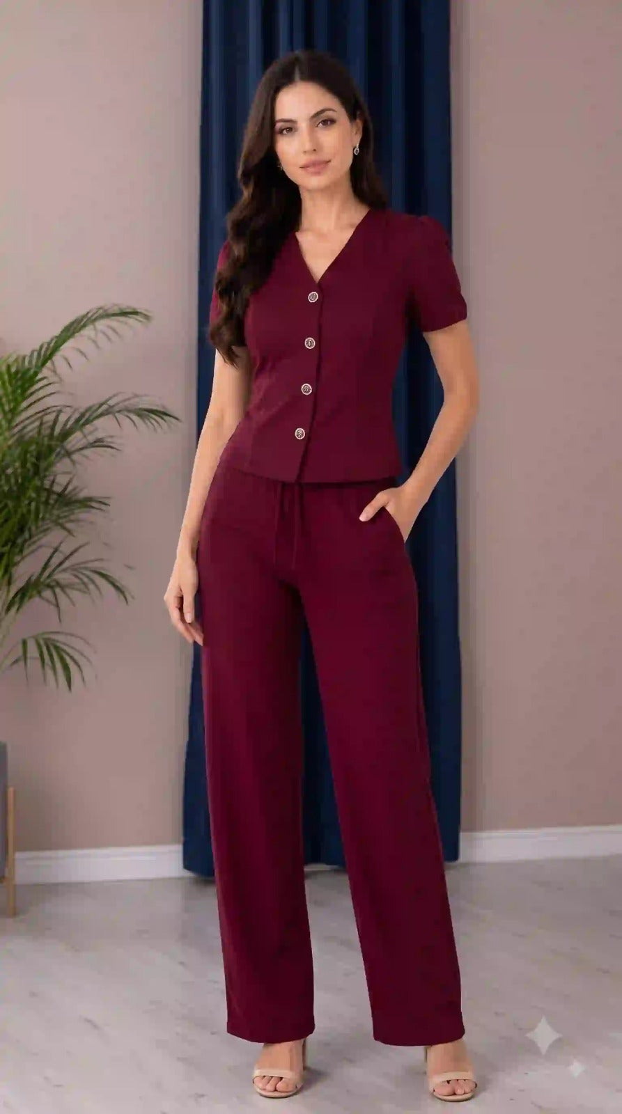 Maroon co-ord set for women – V-neck button top and wide-leg pants, front view