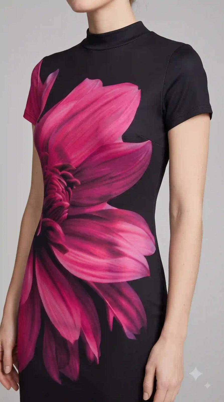 Black and pink floral bodycon dress – side view