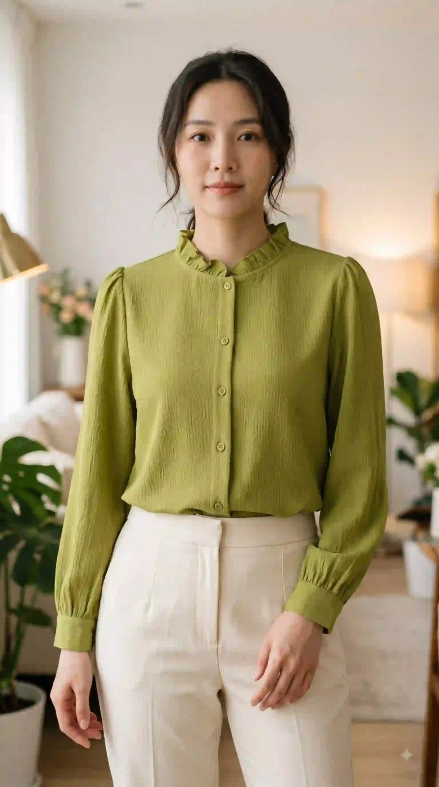 Olive green ruffle neck textured shirt with full sleeves – front view