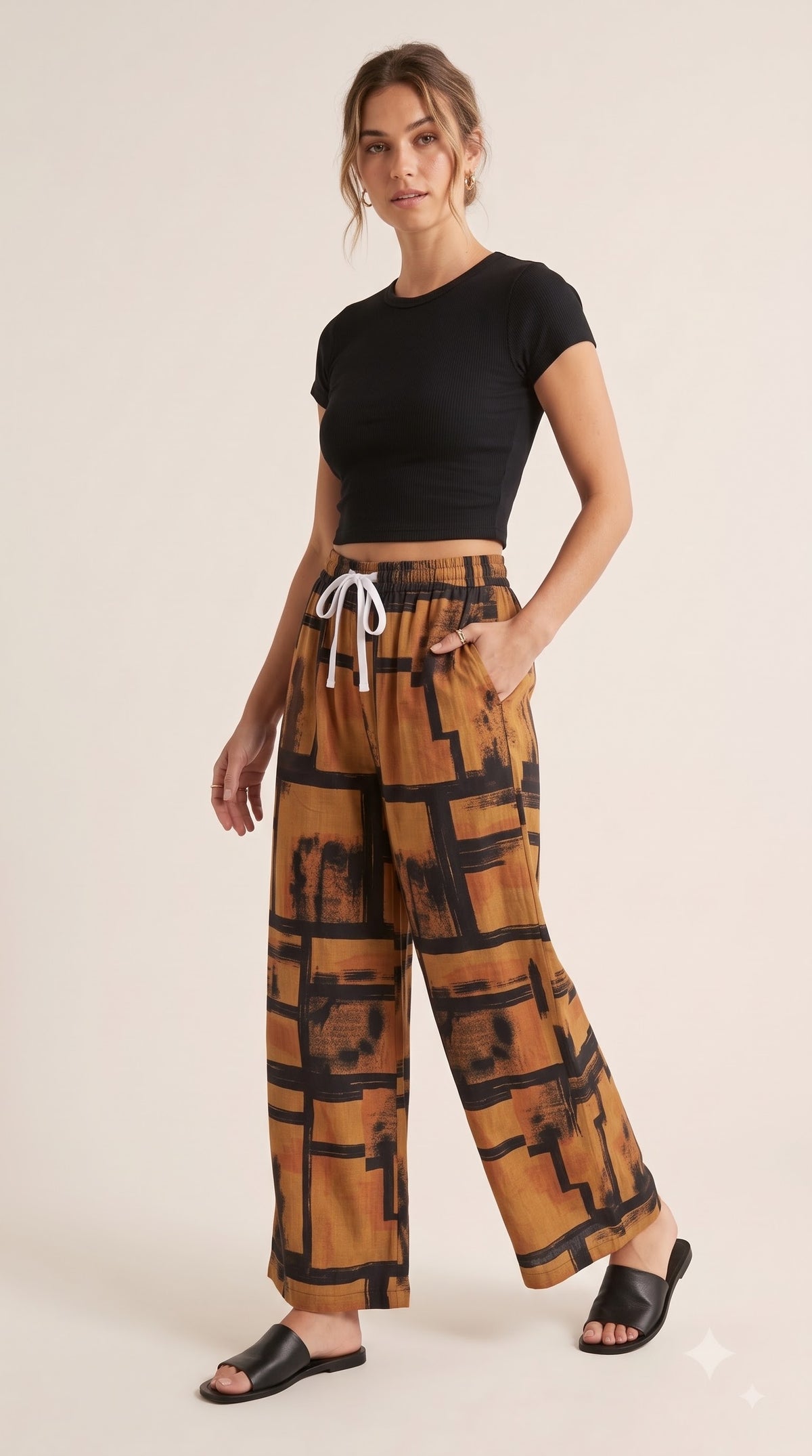 Brown and black abstract print palazzo pants – styled with black crop top | TIGIQ