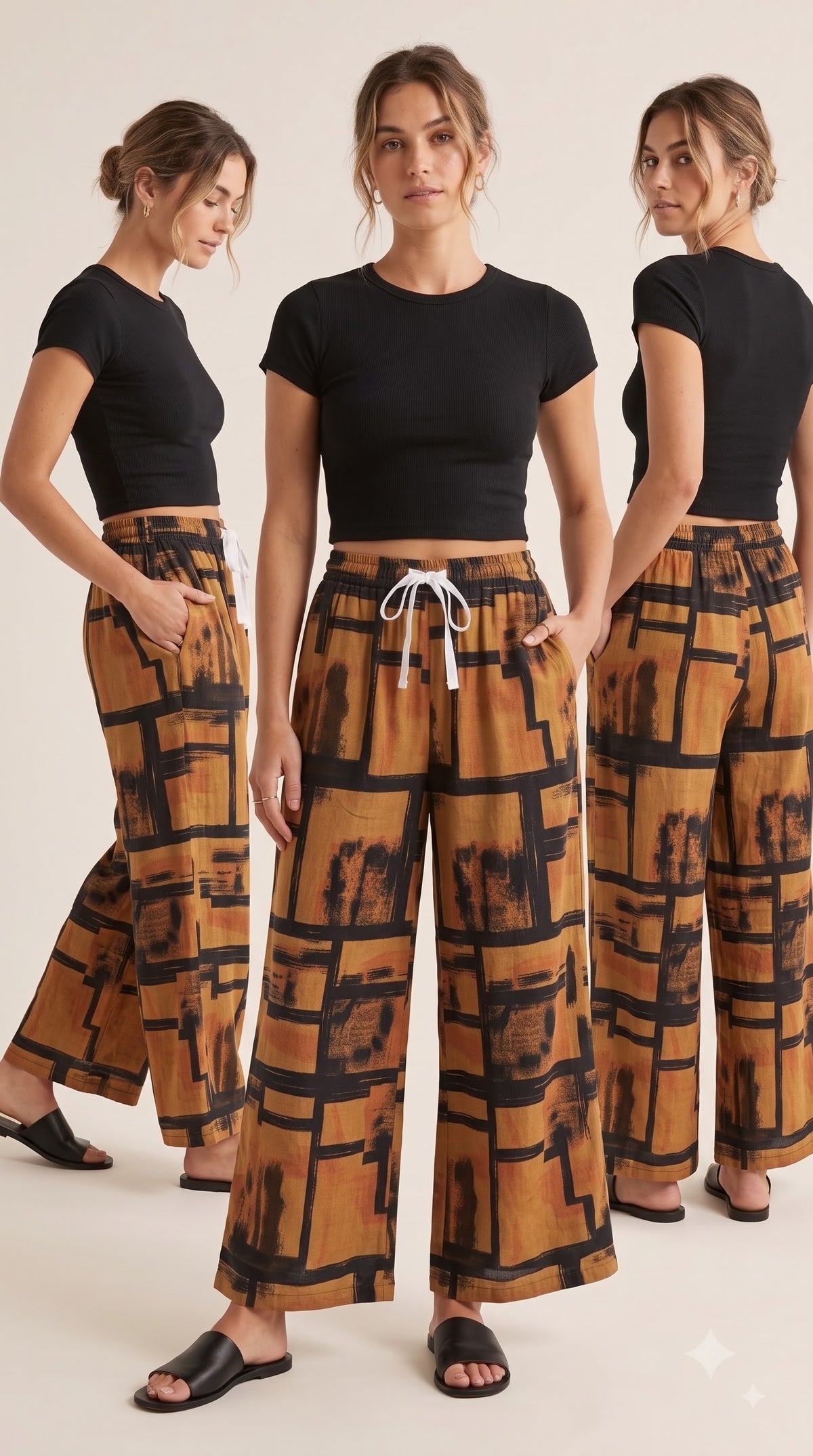 Brown and black abstract print palazzo pants – front, side and back on model | TIGIQ