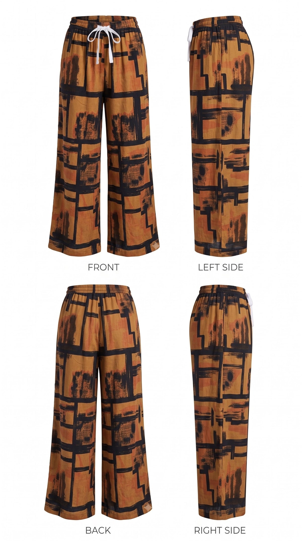 Brown and black abstract print palazzo pants – front, back and side views | TIGIQ
