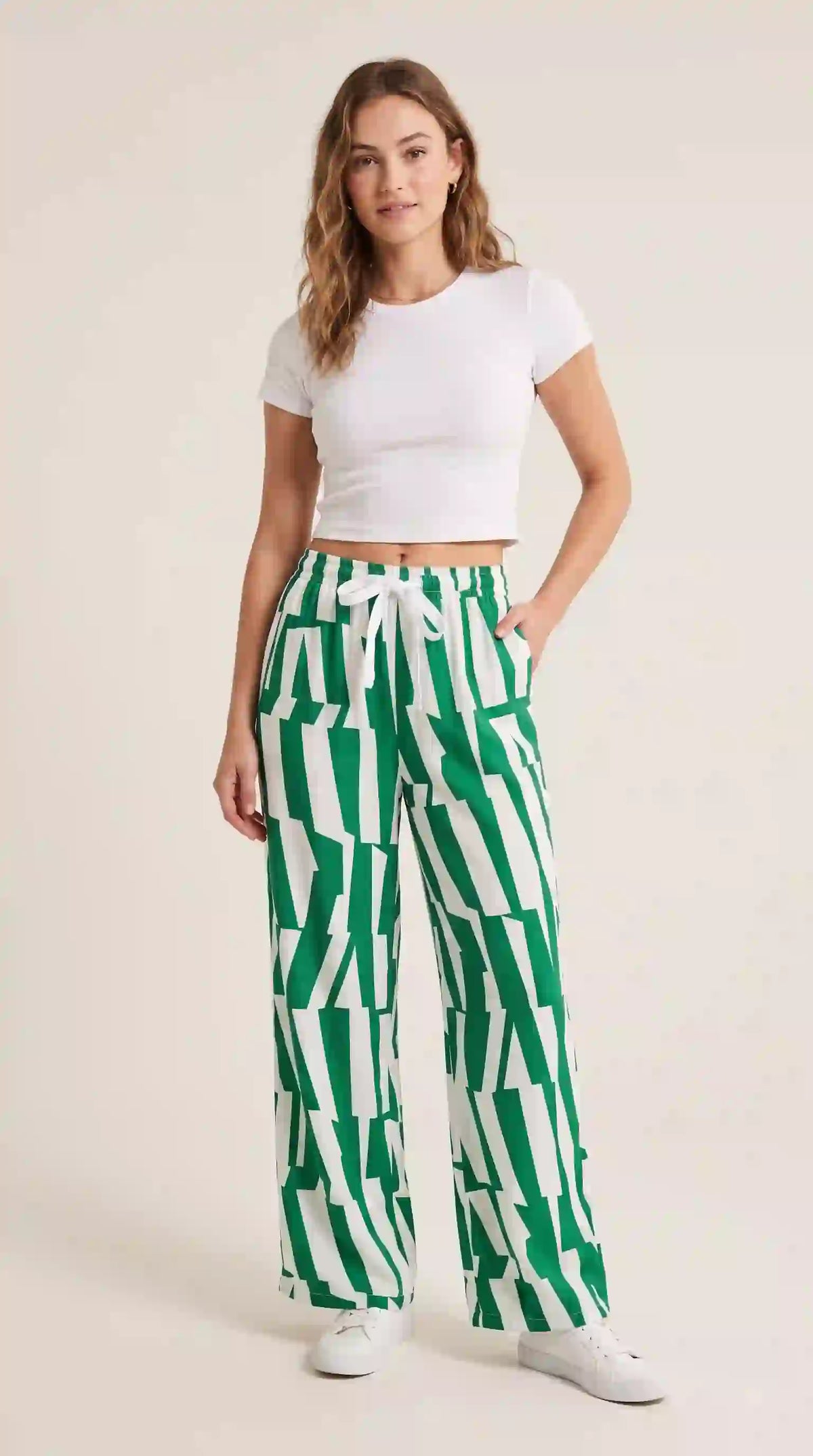 Green and white geometric print palazzo pants – styled with white crop top | TIGIQ