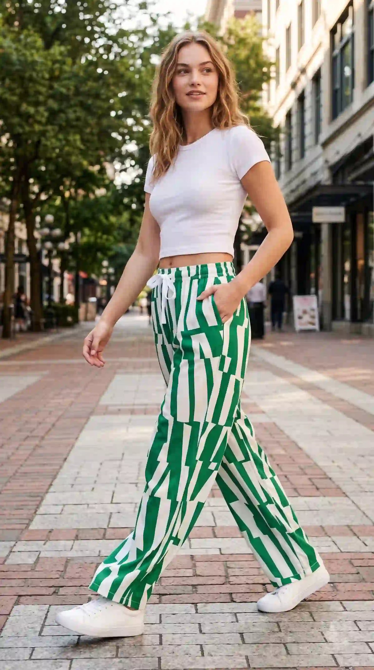 Green and white geometric print palazzo pants – street style walking view | TIGIQ