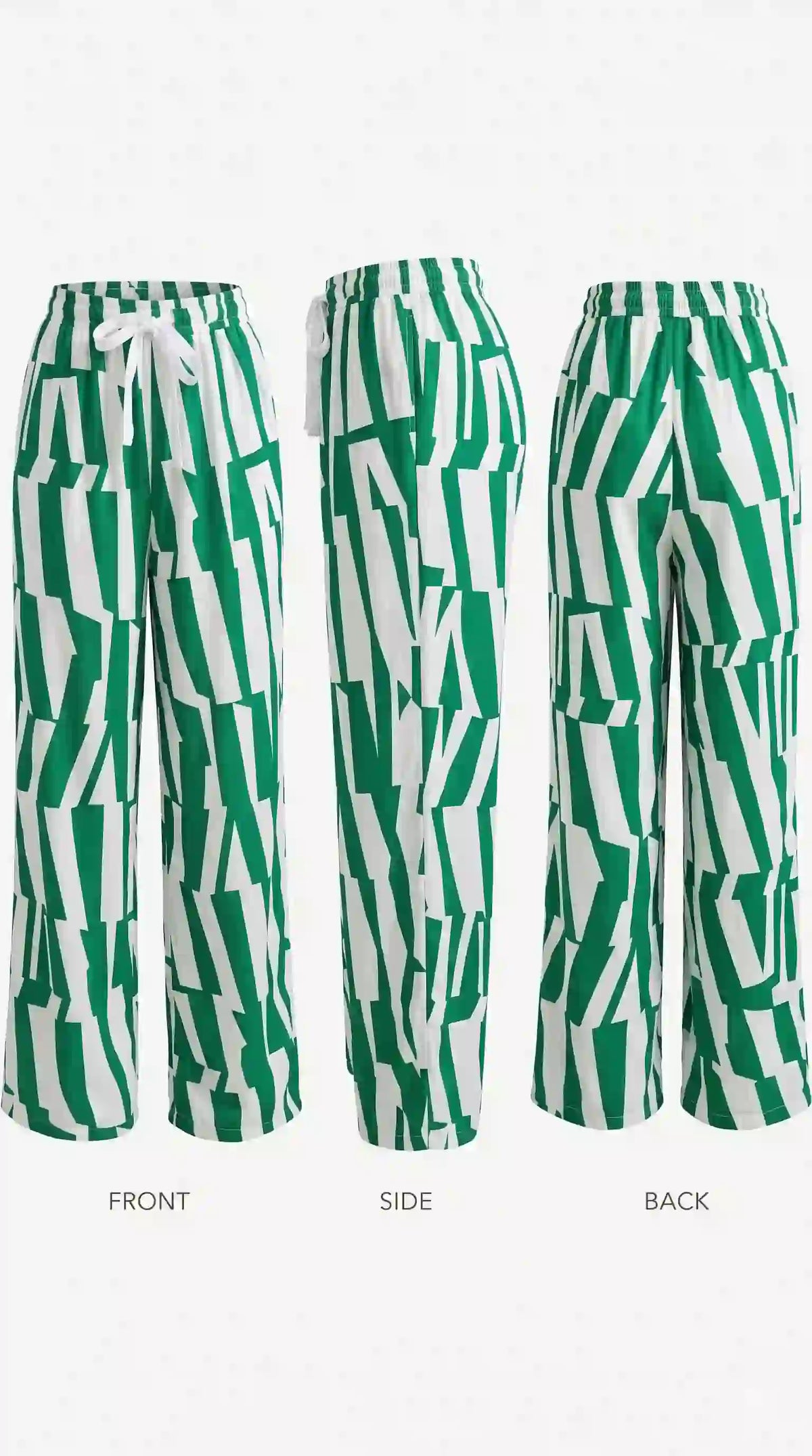 Green and white geometric print palazzo pants – front, side and back views | TIGIQ